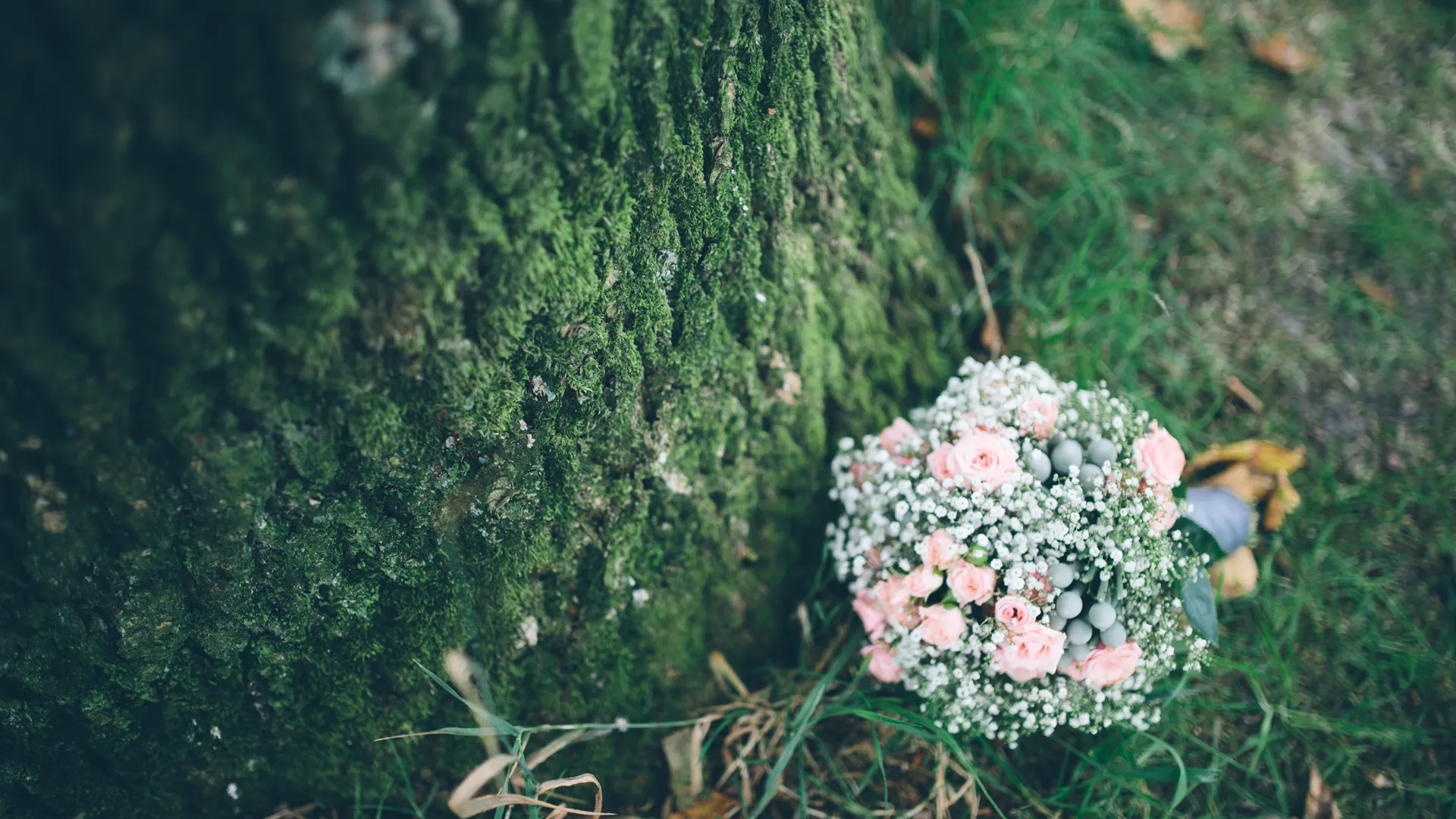 Boeket met roze bloemen naast boomstam in gras